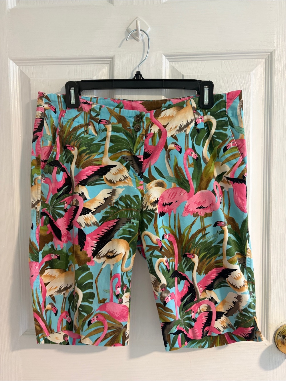 Loudmouth Pink Flamingo Print Bermuda Shorts on Aqua